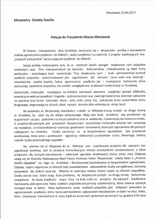 Petycja mieszkańców Zawiśla. Źródło: UMWłocławek 