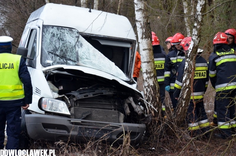 Groźny wypadek pod Włocławkiem! Bus wypadł z drogi i uderzył w drzewo!