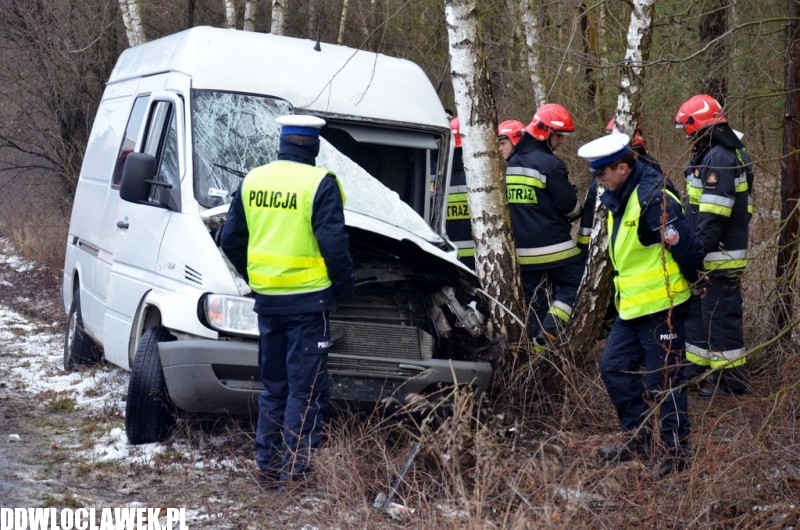 Groźny wypadek pod Włocławkiem! Bus wypadł z drogi i uderzył w drzewo!