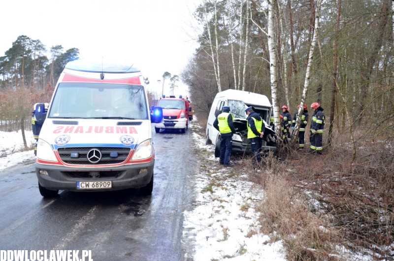 Groźny wypadek pod Włocławkiem! Bus wypadł z drogi i uderzył w drzewo!