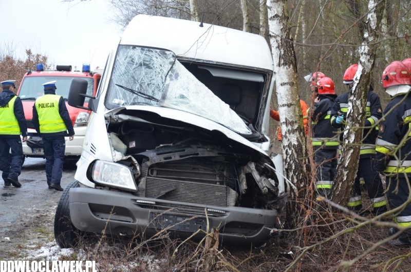 Groźny wypadek pod Włocławkiem! Bus wypadł z drogi i uderzył w drzewo!