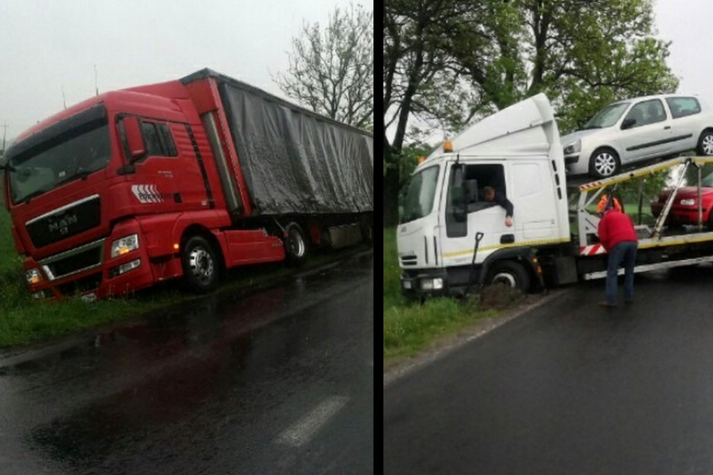 Dwie ciężarówki jednocześnie w rowie