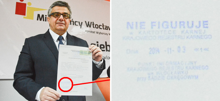 Jacek Lebiedziński pokazuje swoje zaświadczenie o niekaralności. Fot. Ł. Daniewski