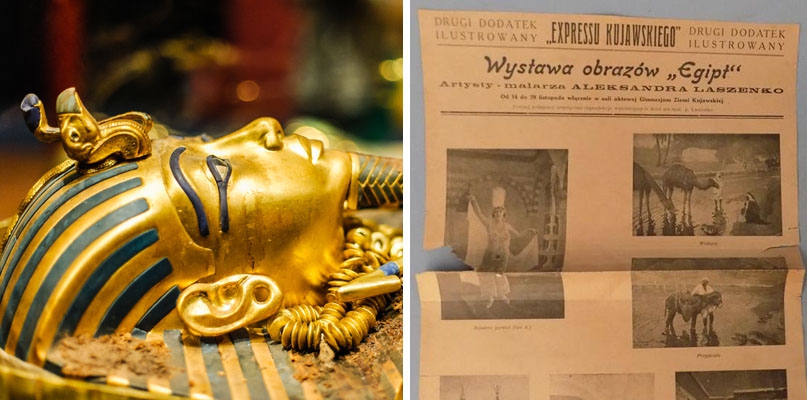 Po lewej: złota maska Tutanchamona. fot. depositphotos.com. Po prawej: dodatek ilustrowany Expressu Kujawskiego z 1926 r. promujący wystawę Laszenki. fot. Galeria Stary Świat