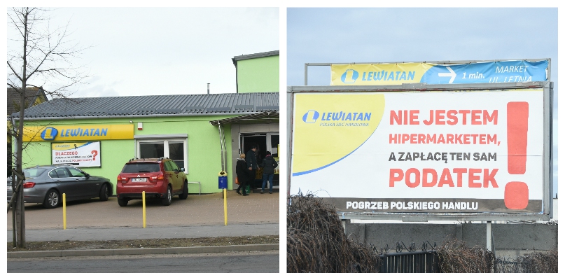 "Nie jestem hipermarketem, a zapłacę ten sam podatek!" - bilbordy z takim napisem pojawiły się we Włocławku, po lewej :Lewiatan na os. Michelin. Fot. K. Osiński