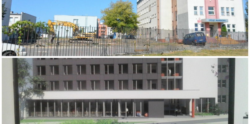Nowy gmach powstaje z lewej strony głównego budynku Urzędu Skarbowego. Prawie w całości przykryje front starej siedziby. Fot. DDWloclawek/Izba Skarbowa w Bydgoszczy. 