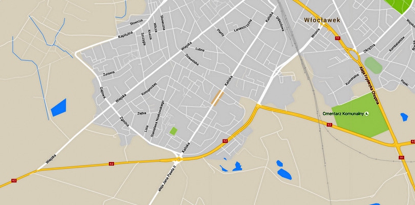  Miasto chce przejąć <zalesiony trójkąt> między przedłużeniem Wiejskiej a DK62. Źródło: google maps