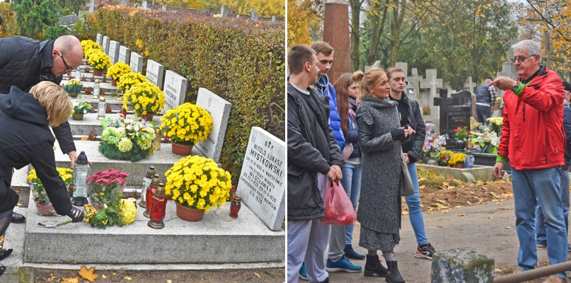 Na zdjęciu po lewej: M. Wojtkowski i B. Moraczewska przy grobie W. Mystkowskiego. Po prawej: młodzież LMK w rozmowie z K. Sikorskim, prezesem Włocławskiego Towarzystwa Wioślarskiego przed nagrobkami Kazimierza Łady i mogiłą wioślarzy, którzy zginęli tragicznie na Wiśle w 1906 roku. fot. G. Sobczak, Ł. Daniewski