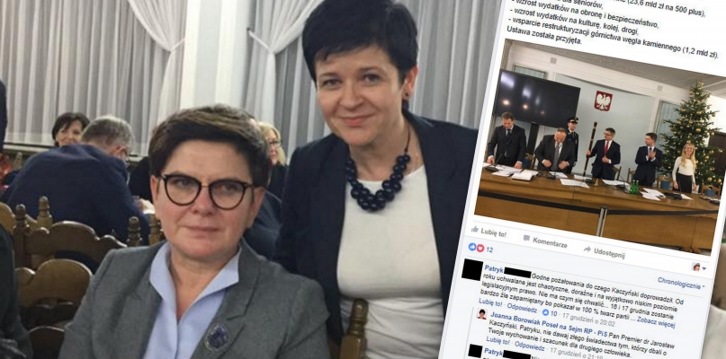 Joanna Borowiak z premier Beatą Szydło podczas piątkowych obrad sejmu w sali kolumnowej - źródło facebook/JoannaBorowiak. Dyskusja posłanki z byłym uczniem - screen z  facebook/JoannaBorowiak.