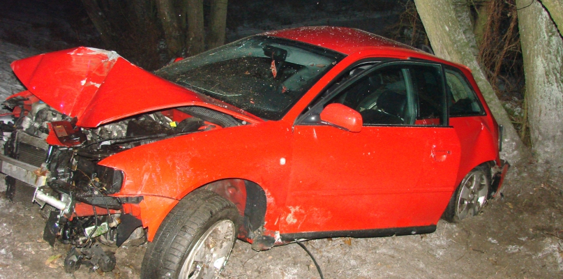 Audi, w którym były dwie osoby, wpadło w poślizg, zjechało z drogi i uderzyło w drzewo. Fot. PSP Włocławek