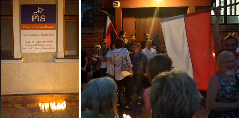 Zdjęcie po lewej: świece przed biurem poselskim Joanny Borowiak, po prawej: uczestnicy wiecu przed Sądem Rejonowym. fot. www.facebook.com/KatarzynaZarebskaWloclawek, www.facebook.com/nowoczesna.wloclawek