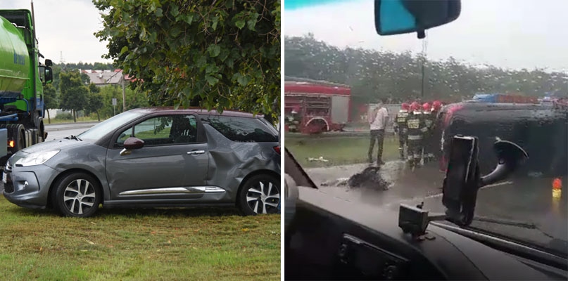 Po lewej citroen uszkodzony po kolizji na ul. Kruszyńskiej. Po prawej: auto przewrócone na bok na A1 w rejonie węzła Ciechocinek. fot. Ł. Daniewski/screen z nagrania