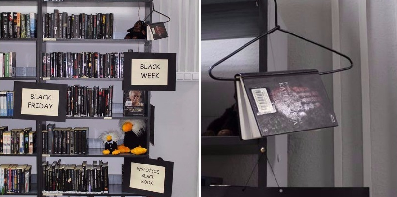 Na półce z czarnymi książkami znajduje się wybór m. in. kryminałów, romansów, reportaży i innych gatunków literackich. Fot. Miejska Biblioteka Publiczna