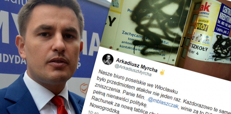 Poseł Platformy Obywatelskiej z Torunia Arkadiusz Myrcha pokazał w internecie zdjęcia zniszczonej tablicy przed swoim włocławskim biurem poselskim. Fot. DDWloclawek.pl/twitter.com/ArkadiuszMyrcha