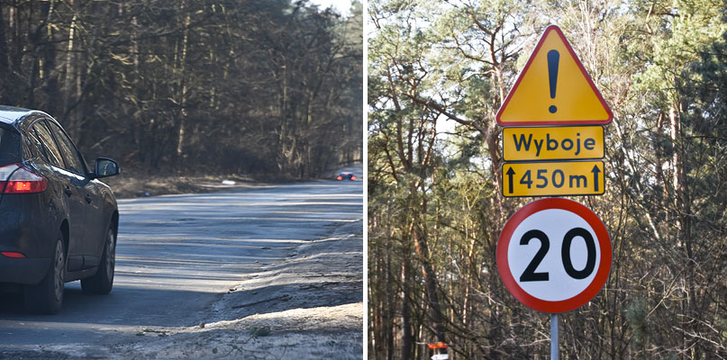 Z lewej wyjazd z Włocławka w rejonie ul. Wiejskiej. Po prawej znak drogowy przestrzegający przed jazdą szybciej niż 20 km/h w pobliżu jeziora Czarnego. fot. Łukasz Daniewski
