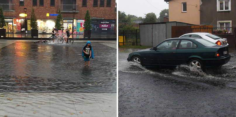 W środę woda zalała wiele miejsc na terenie miasta. Z lewej Plac Grodzki we Wzorcowni (fot. nadesłane), z prawej ul. Długa (fot. N. Seklecka)