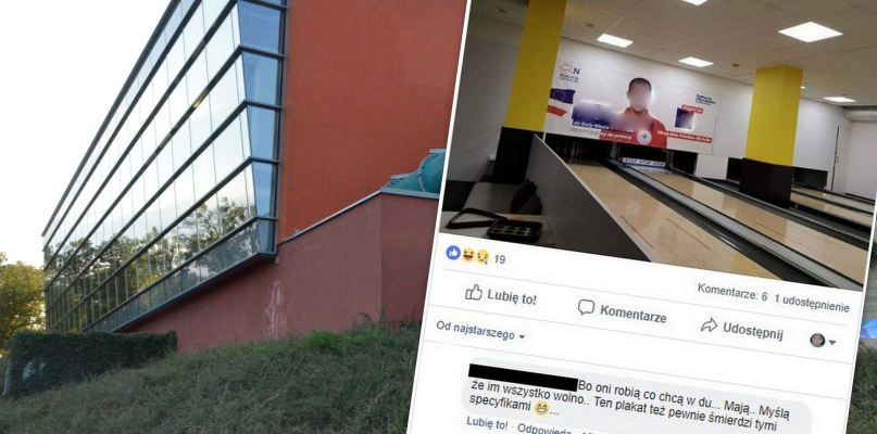W kręgielni działającej w budynku miejskiego basenu pojawił się plakat reklamujący kandydata Koalicji Obywatelskiej, kierownikiem obiektu. Fot. DDWloclawek.pl/screen facebook.com/darek.wesolowski