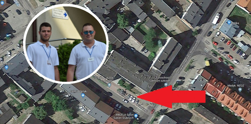 Do zdarzenia doszło na tym parkingu. Interweniowali Oskar Greśkiewicz (z lewej) u Marcin Korpal (z prawej). Fot. Google Maps/Natalia Seklecka