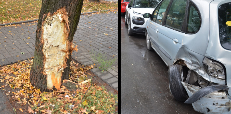 18-letni pijany kierowca rozbił swoje auto na drzewie i uszkodził dwa inne samochody.  Fot. DDWloclawek.pl