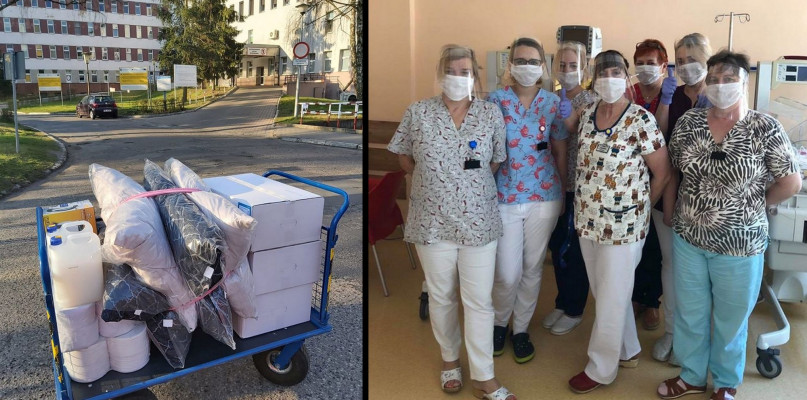 Dary od firmy DOMEXPERT/Załoga Oddziału Neonatologii w przyłbicach od Polskiego Związku Łowieckiego oraz maseczkach od Przedsiębiorstwa "NUMEN" Krzysztof Sławiński z Nowej Wsi.  Fot. Facebook.
