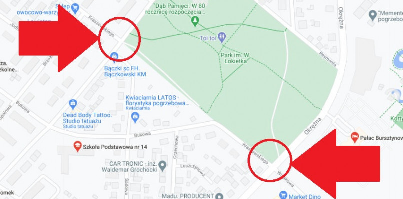 Przez kilka dni dwie sąsiadujące ze sobą ulice - Traugutta i Okrężna, będą zamknięte. Screen Google Maps