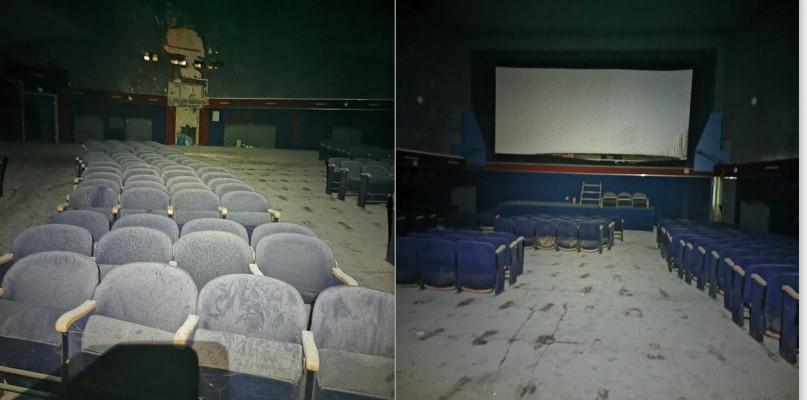 Jak widać na załączonych w ogłoszeniu zdjęciach, w budynku znajdują się jeszcze elementy starego wyposażenia, między innymi fotele kinowe oraz ekran, na którym w przeszłości wyświetlano filmy. Fot. OTO-DOM