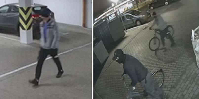 Policja szuka dwóch osób, które mogą mieć związek z kradzieżą rowerów i hulajnogi. Fot. nagranie z monitoringu