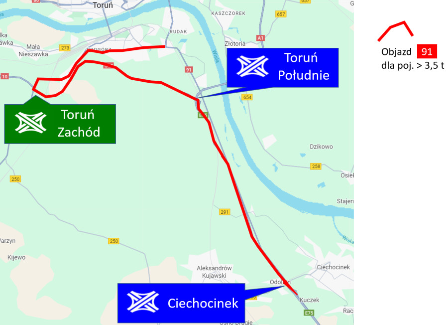 Utrudnienie na DK91 w dniach 18-24.10.2025 Fot. GDDKiA Bydgoszcz