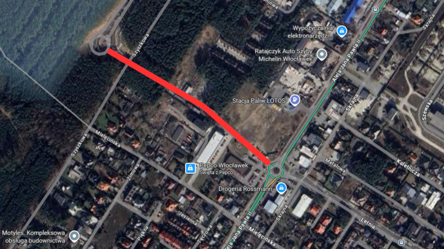 Na mapie zaznaczony planowany przebieg nowej drogi Fot. Google Maps