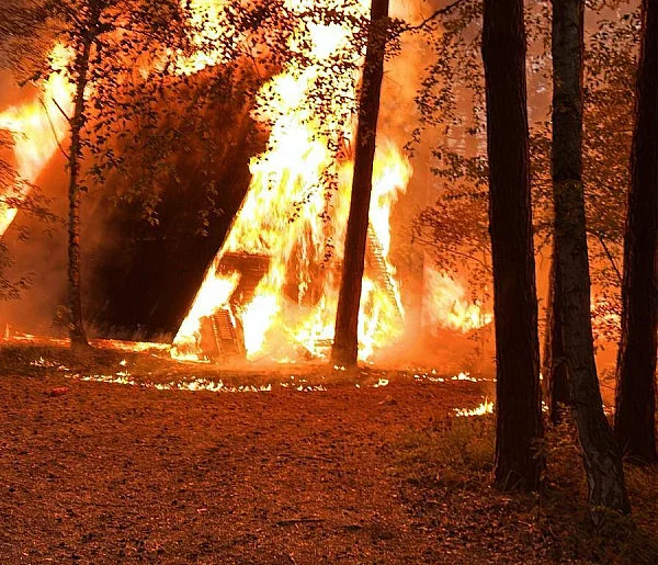 Poranne piekło nad jeziorem Wójtowskim. Płonęły domki i las -81407