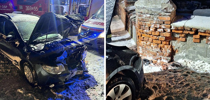 Auto wypadło z drogi. Samochód rozbił się o ogrodzenie cmentarza