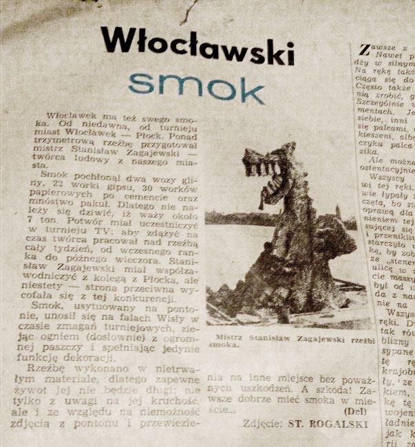O włocławskim smoku napisał tygodnik Życie Włocławka z 11 lipca 1968 roku. Na zdjęciu do tekstu Stanisław Zagajewski rzeźbi smoka. 