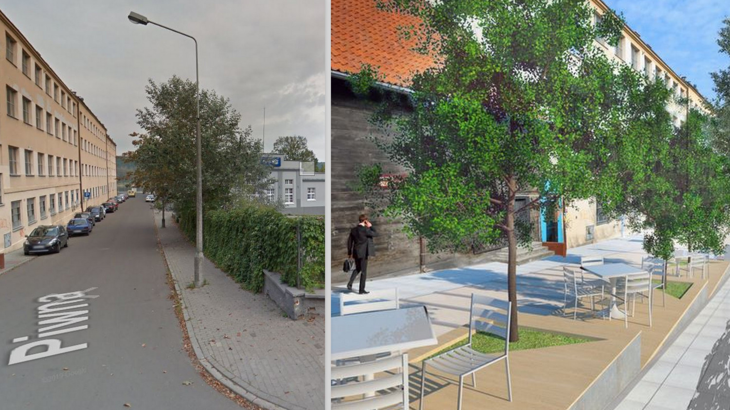 Z lewej: Widok z Google Maps przed przebudową. Z prawej: Wizualizacja inwestycji.