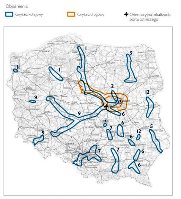 Mapa - korytarze kolejowe oraz drogowe fot. CPK (www.cpk.pl)