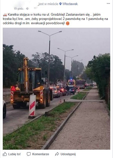 Tak decyzję o zwężeniu pasa Grodzkiej na facebooku skomentował jeden z mieszkańców Zawiśla. Screen z facebooka