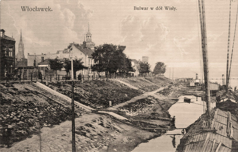 Widok na bulwar z około 1910 roku, widoczne berlinki i przystanie z cumującymi statkami parowymi. (pocztówka, fot. B. Sztejner, wyd. I. Ślusarski Warszawa)